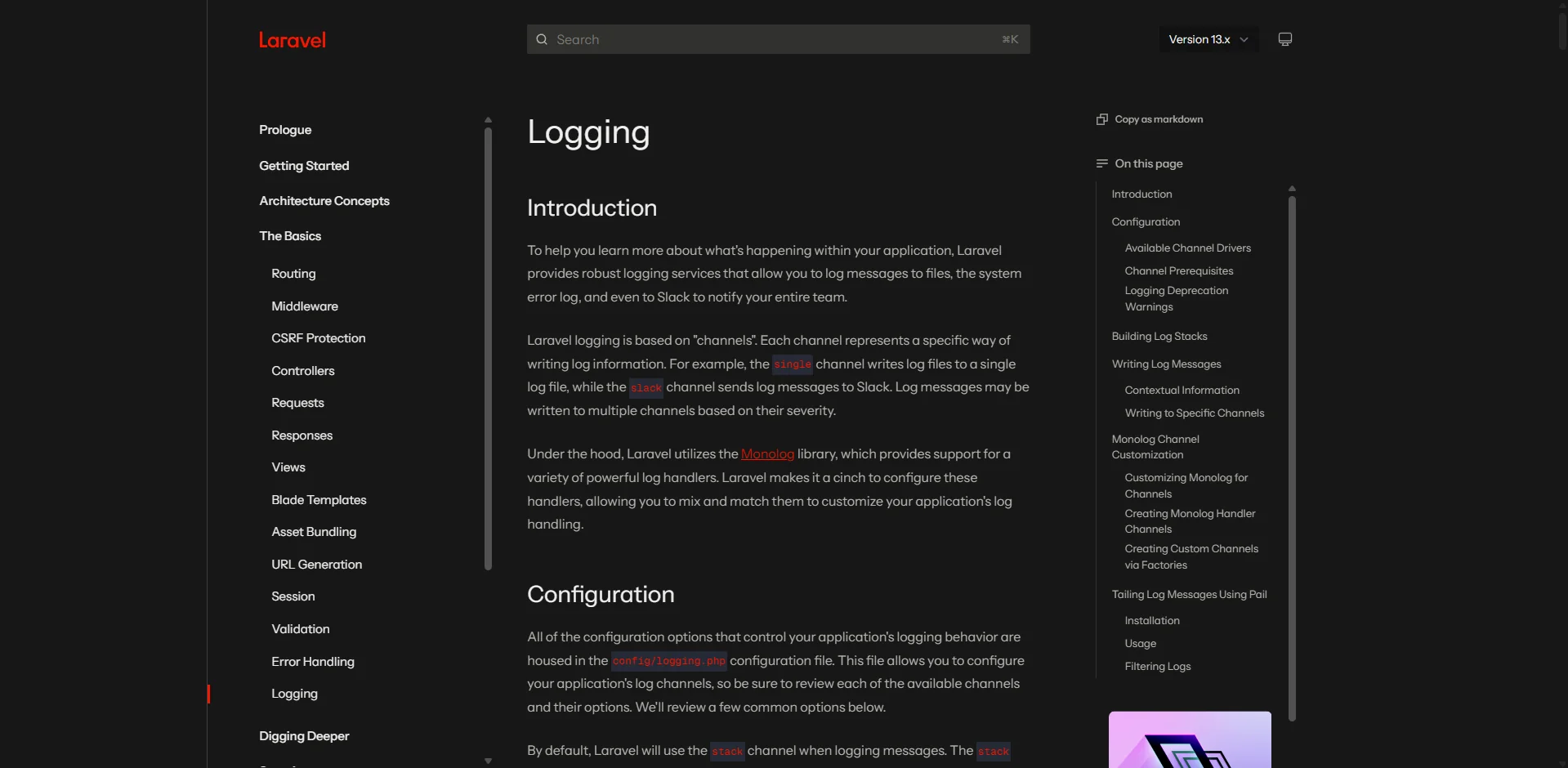 Laravel documentation: logging