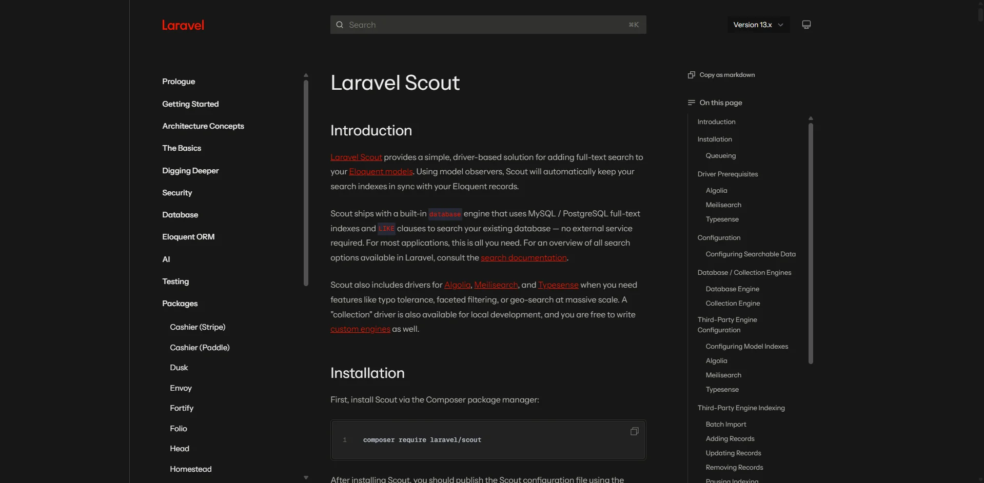 Laraveli dokumentatsioon: Scout otsing
