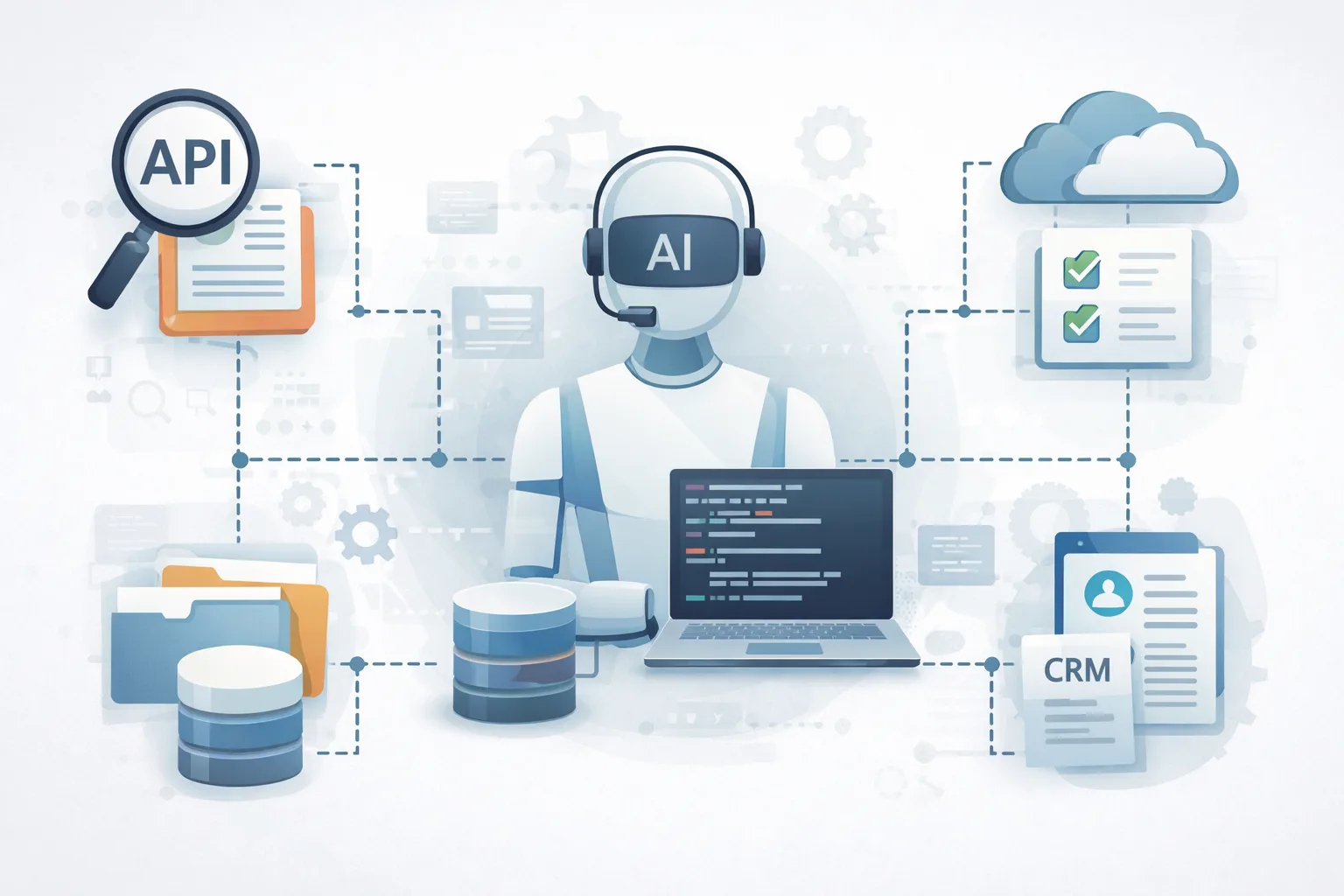 Illustratsioon kaasaegsetest AI agentidest, mis on ühendatud tööriistade, andmeallikate ja ärisüsteemidega, rõhuga automatiseerimisel, kontrollil ja tootlikkusel.