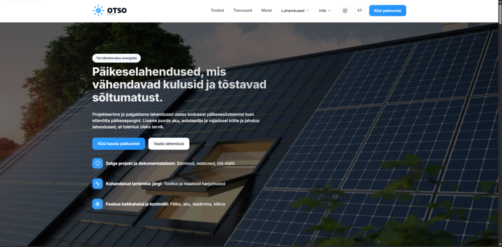 Otso – päikese- ja akulahenduste veebileht – Avaleht (arvuti)