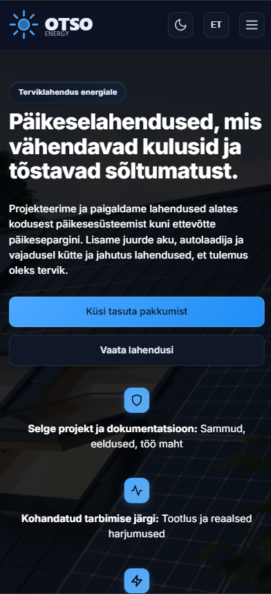 Otso – päikese- ja akulahenduste veebileht – Avaleht (mobiil TUME)