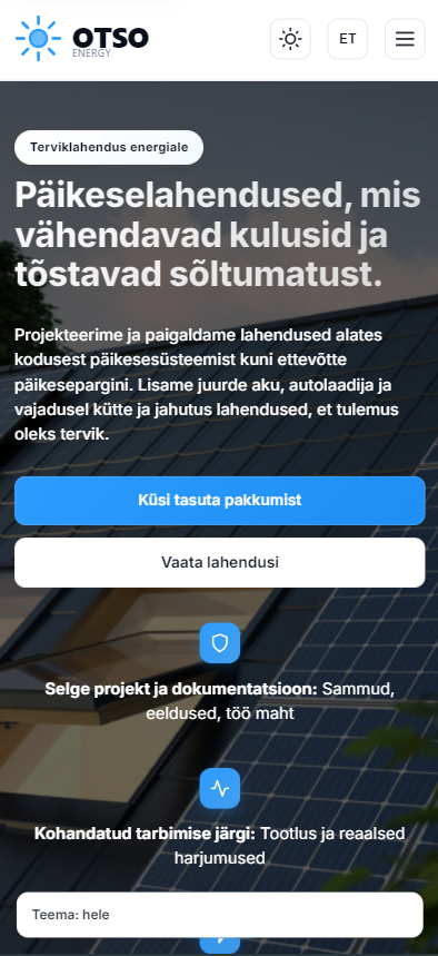 Otso – päikese- ja akulahenduste veebileht – Avaleht (mobiil)