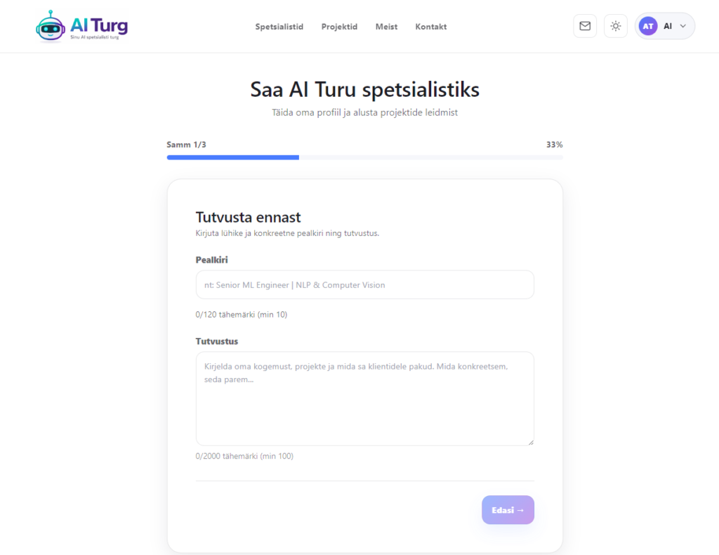 AI Turg – Kandideeri spetsialistiks leht
